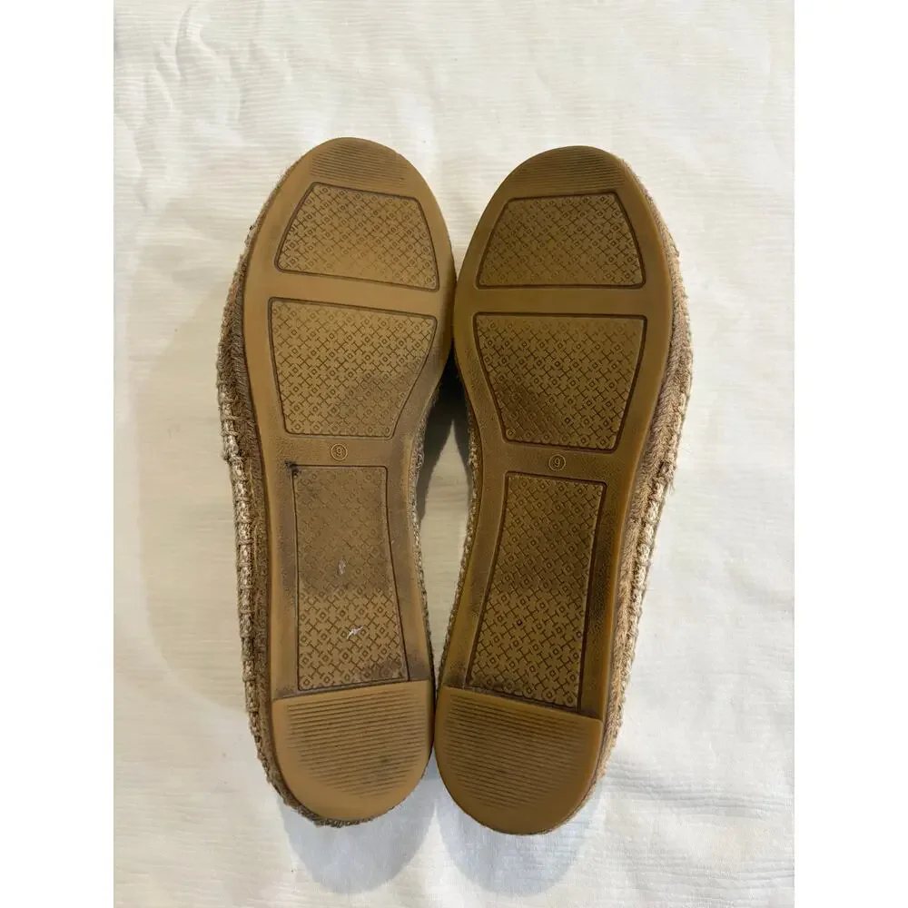 Tory Burch Womens 9 Flat Espadrille Canvas Cream Brown Slip On Leather Cap Toe